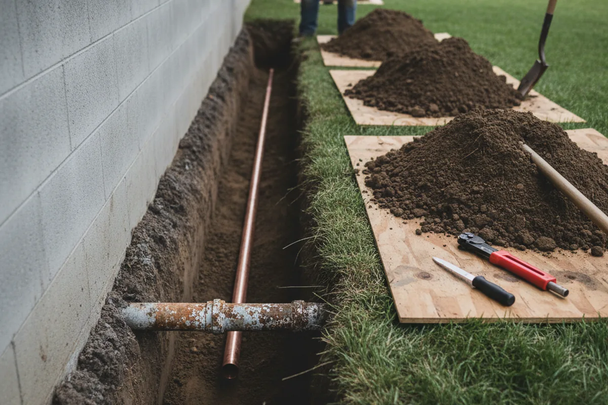 Excavated water line trench during Water Softener Installation in Virgie
